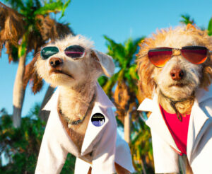 Two dogs dressed like crockett and tubbs from miami vice